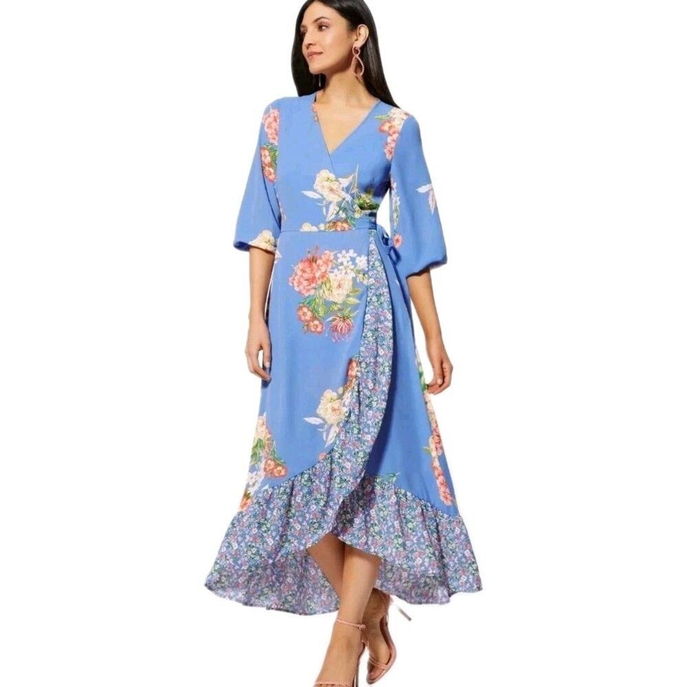 New York And Company Blue Floral Wrap Maxi dress Size Large NWT Reg $79.95 - Picture 1 of 11